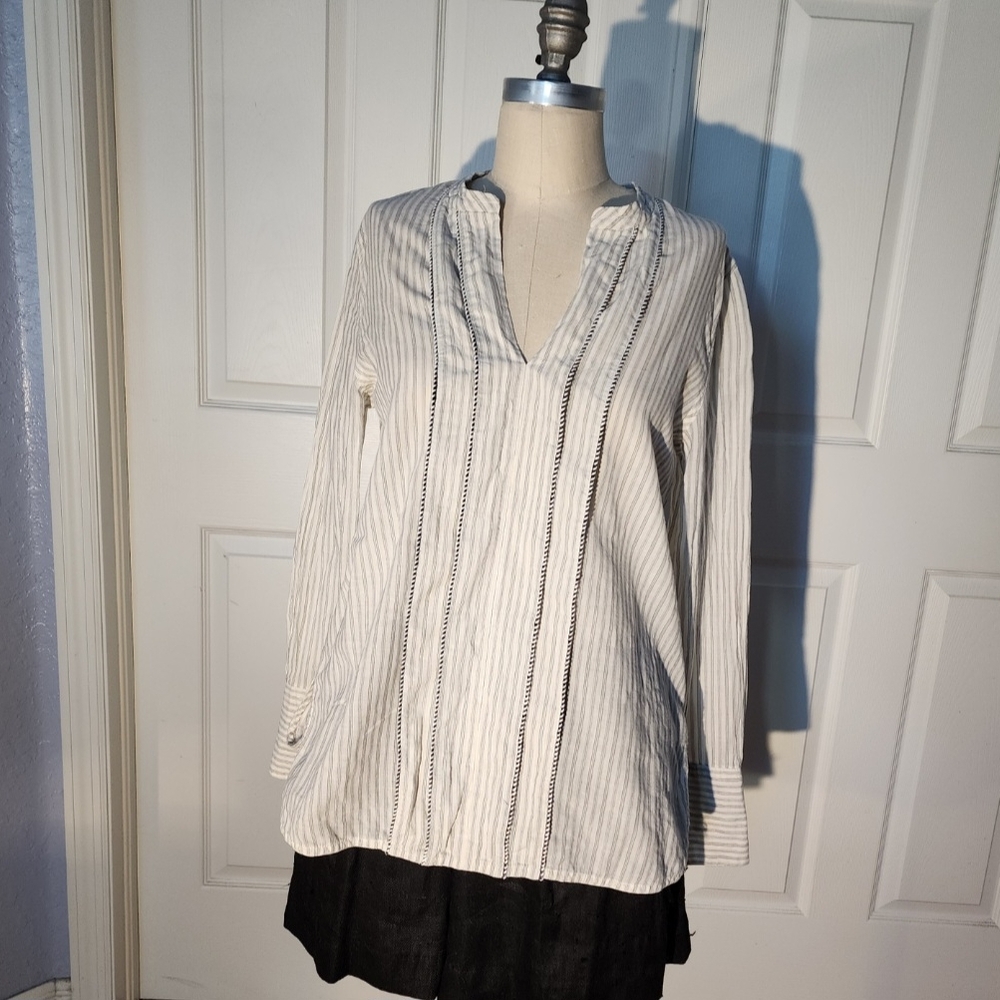 J. Crew White Tunic with Pleated Mandarin Collar